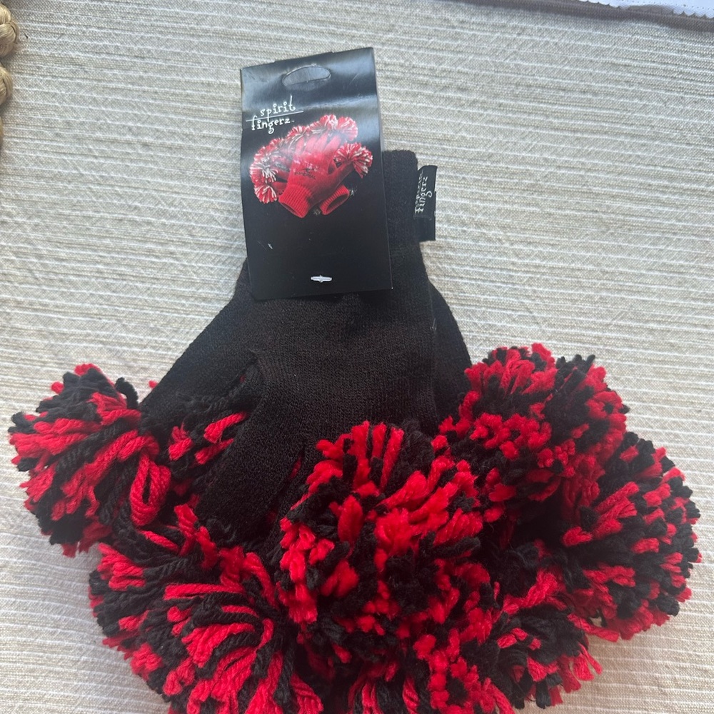 Black and Red Pom-Pom Gloves